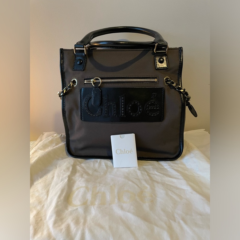 CHLOE Haley Tote Shoulder Bag Canvas Leather Olive Brown Black